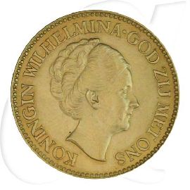 Niederlande 10 Gulden 1932 Gold 6,05g fein vz-st Wilhelmina I. Münzen-Bildseite