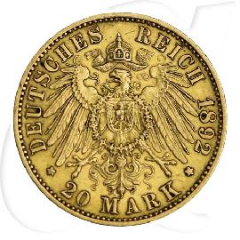 Preussen Gold 1892 20 Mark Wilhelm Deutschland Kaiserreich Münzen-Wertseite