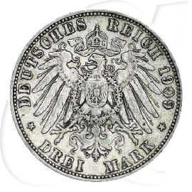 Deutschland Sachsen 3 Mark 1909 ss ungereinigt Friedrich August