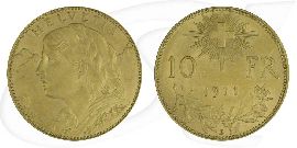 Schweiz 10 Franken Gold 2,90g fein Vreneli 1911 vz-st
