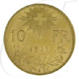 Schweiz 10 Franken Gold 2,90g fein Vreneli 1911 vz-st
