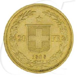 Schweiz 20 Franken Gold 5,81g fein Helvetia 1886 vz