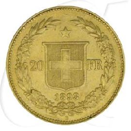 Schweiz 20 Franken Gold 5,81g fein Helvetia 1893 vz