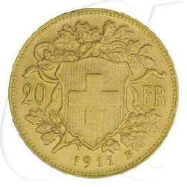 Schweiz 20 Franken Gold 5,81g fein Vreneli 1911 vz-st