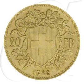 Schweiz 20 Franken Gold 5,81g fein Vreneli 1922 vz-st