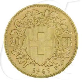 Schweiz 20 Franken Gold 5,81g fein Vreneli 1949 vz-st