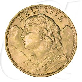 Schweiz 20 Franken Vreneli Gold 5,81g fein Münzen-Bildseite