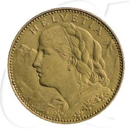Schweiz 10 Franken Gold 2,90g fein Vreneli 1922 vz Münzen-Bildseite