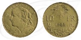 Schweiz 10 Franken Gold 2,90g fein Vreneli 1922 vz Münze Vorderseite und Rückseite zusammen