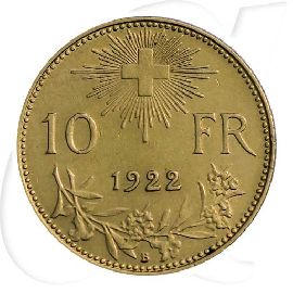 Schweiz 10 Franken Gold 2,90g fein Vreneli 1922 vz Münzen-Wertseite
