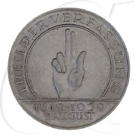 Weimarer Republik 3 Mark 1929 D vz Verfassung Schwurhand