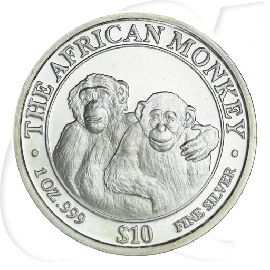 Somalia 10 Dollar 2000 st 1 oz Silber African Monkey - Affe