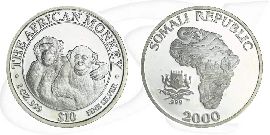 Somalia Affe 2000 Münze Vorderseite und Rückseite zusammen