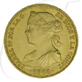 Spanien 100 Reales 1864 vz Gold 7,50g fein Isabel II.