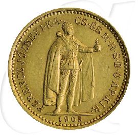 Ungarn 10 Korona Gold (3,049 gr. fein) 1905 ss-vz Franz Josef I.