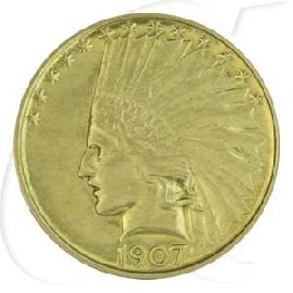 USA 10 Dollar 1907 ss Gold 15,03g fein Indian Head - Indianer