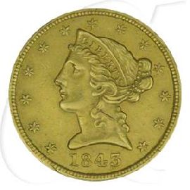 USA 5 Dollar 1843 ss Gold 7,52g fein Liberty Eagle Coronet Head