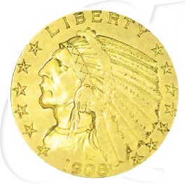 USA 5 Dollar 1908 ss-vz Gold Indian Head - Indianer Münzen-Bildseite