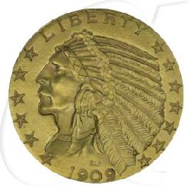 USA 5 Dollar 1909 D ss-vz Gold 7,52g fein Indian Head - Indianer