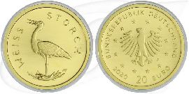 Weißstorch Goldmünze 20 Euro Deutschland 2020 Münze Vorderseite und Rückseite zusammen