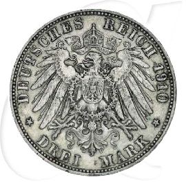 Württemberg 1910 3 Mark Wilhelm Deutschland Kaiserreich Münzen-Wertseite
