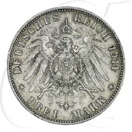 Württemberg 1911 3 Mark Wilhelm Deutschland Kaiserreich Münzen-Wertseite