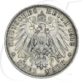 Württemberg 1912 3 Mark Wilhelm Deutschland Kaiserreich Münzen-Wertseite