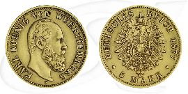 Württemberg Gold 5 Mark Karl 1877 Münze Vorderseite und Rückseite zusammen
