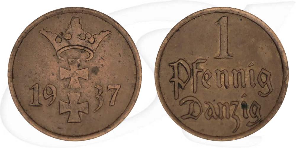 Danzig 1 Pfennig 1937 ss Wappen Münze Vorderseite und Rückseite zusammen