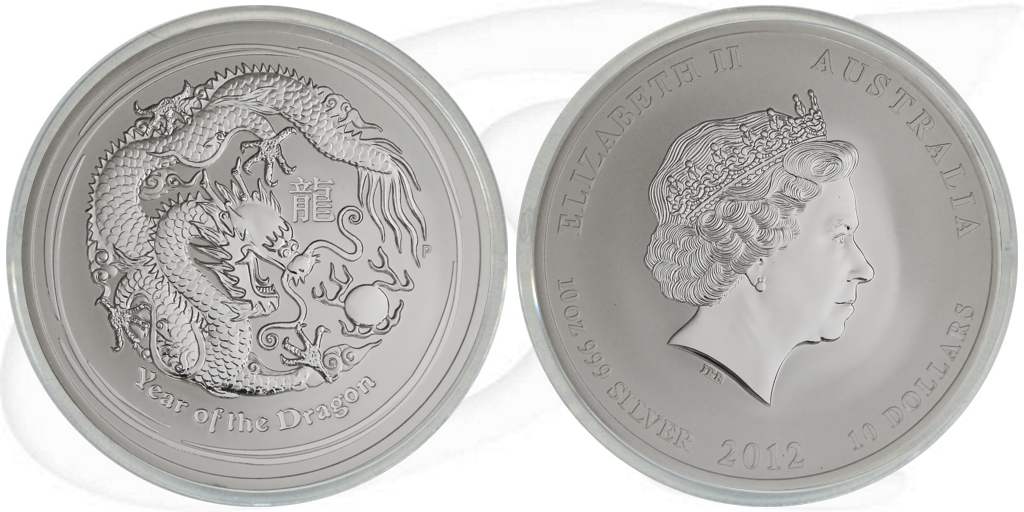 10 Dollar 2012 Drache Australien Silber Lunar Münze Vorderseite und Rückseite zusammen