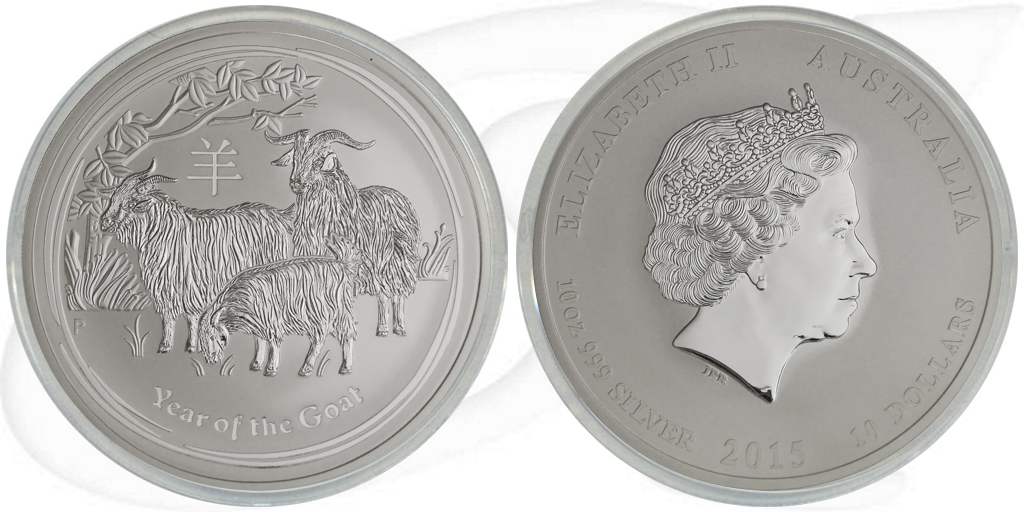 10 Dollar 2015 Ziege Australien Silber Lunar Münze Vorderseite und Rückseite zusammen