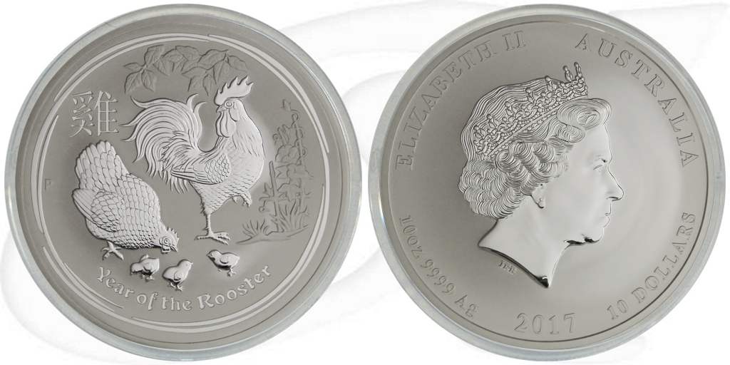 10 Dollar 2017 Hahn Australien Silber Lunar Münze Vorderseite und Rückseite zusammen