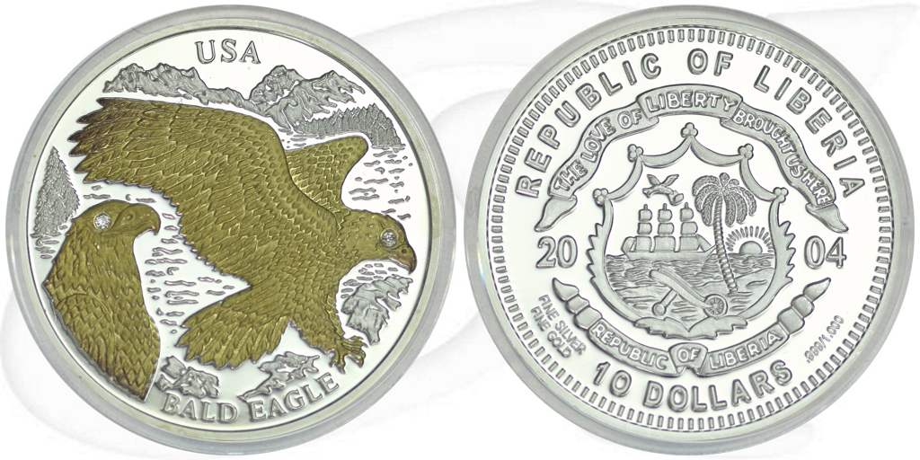 10 Dollars Liberia 2004 Eagle Münze Vorderseite und Rückseite zusammen