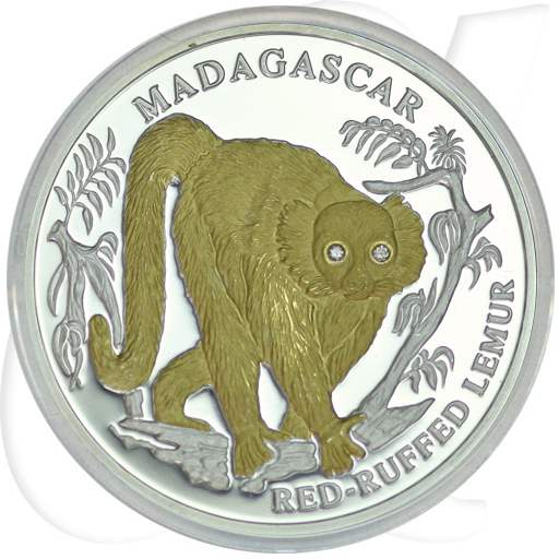 Liberia 10 Dollars 2004 PP AG teilvergoldet mit Brillanten Madagaskar Lemur
