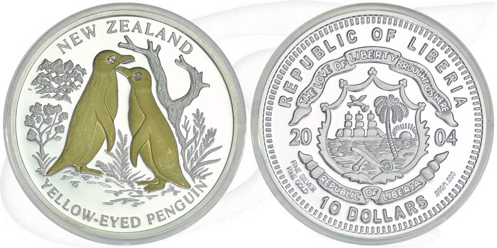 10 Dollars Liberia 2004 Pinguin Münze Vorderseite und Rückseite zusammen