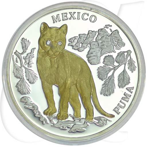 Liberia 10 Dollars 2004 PP AG teilvergoldet mit Brillanten Mexico Puma