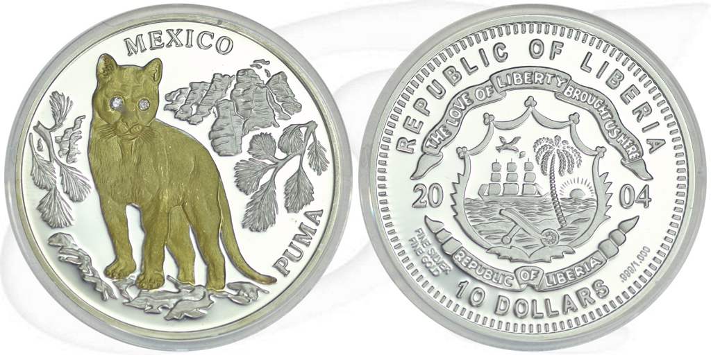 10 Dollars Liberia 2004 Puma Münze Vorderseite und Rückseite zusammen