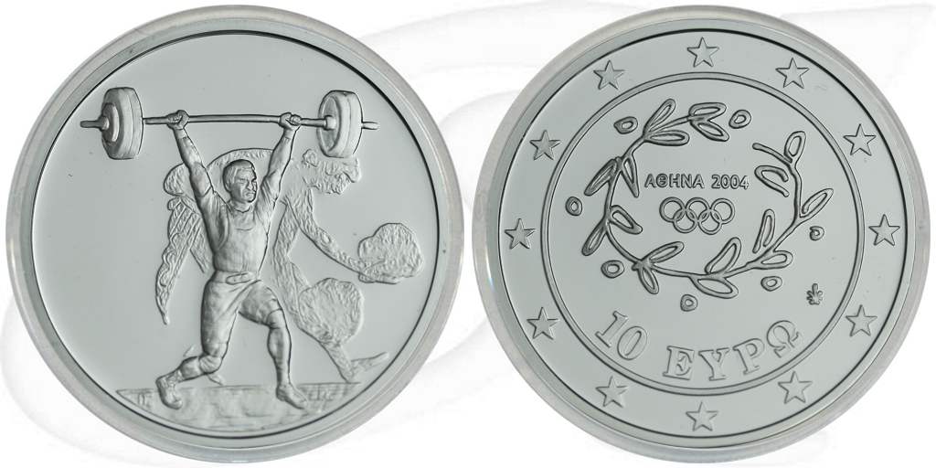 10 Euro Griechenland 2004 Gewichtheben Münze Vorderseite und Rückseite zusammen