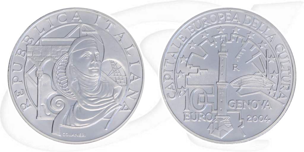 10 Euro Münze Italien 2004 Genua Münze Vorderseite und Rückseite zusammen
