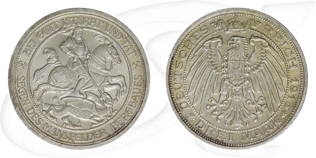 1915 Mansfeld 3 Mark Preussen Deutschland Münze Vorderseite und Rückseite zusammen