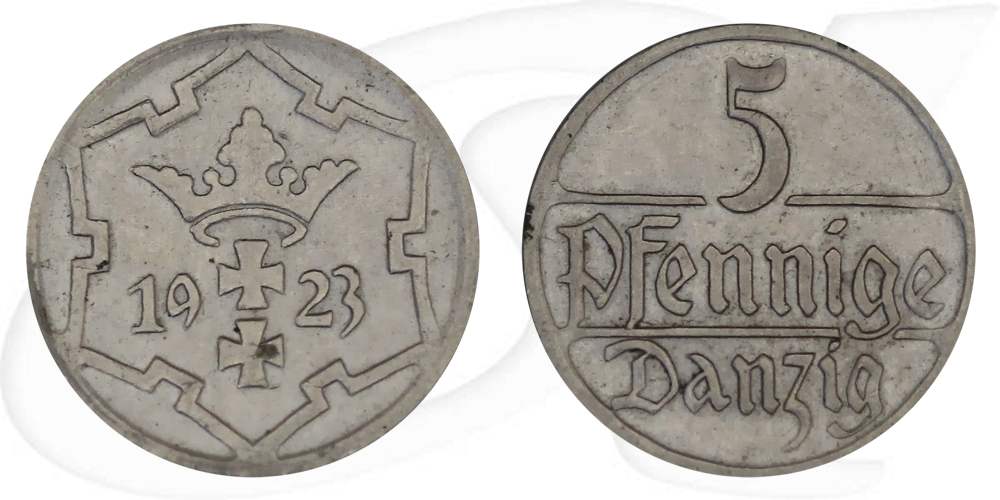 Danzig 5 Pfennig 1923 ss Wappen Münze Vorderseite und Rückseite zusammen