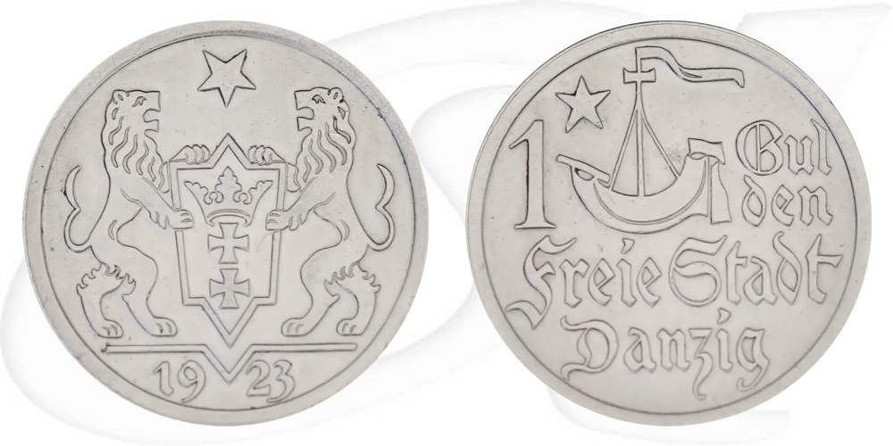 Danzig 1 Gulden 1923 ss-vz Kogge Münze Vorderseite und Rückseite zusammen