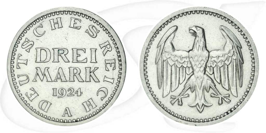 1924 A 3 Reichsmark Weimar Münze Vorderseite und Rückseite zusammen
