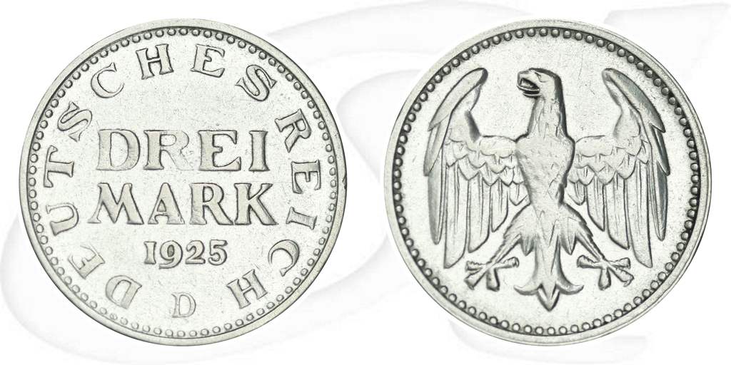 1925 D 3 Reichsmark Weimar Münze Vorderseite und Rückseite zusammen