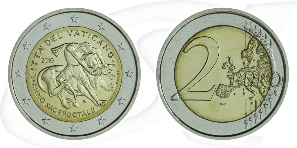 2 Euro 2010 Vatikan Münze Vorderseite und Rückseite zusammen