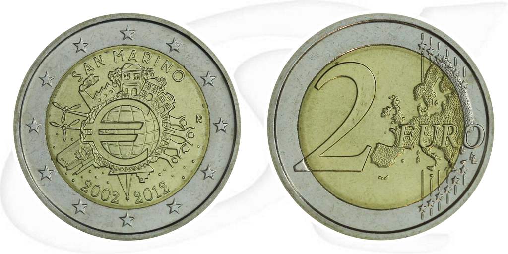 2 Euro 2012 San Marino Münze Vorderseite und Rückseite zusammen