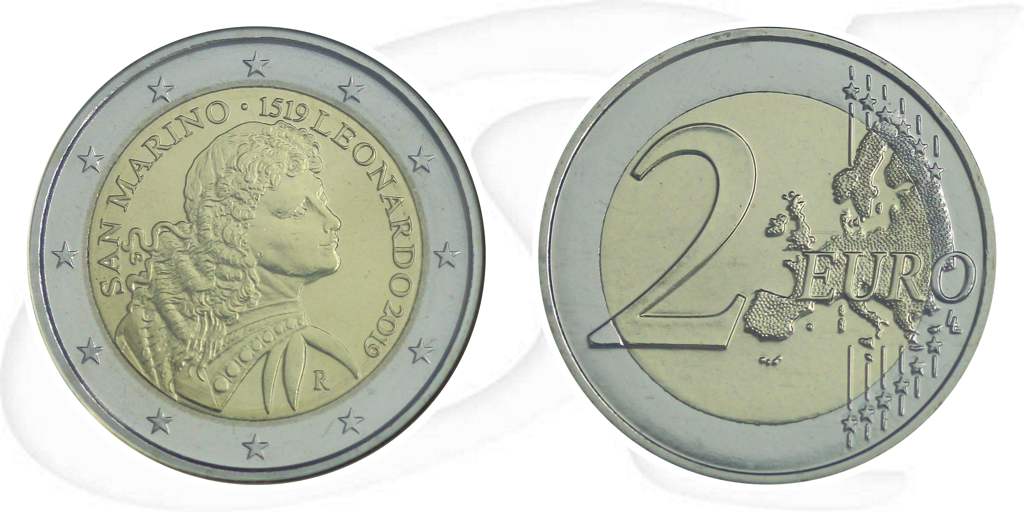 2 Euro 2019 San Marino Münze Vorderseite und Rückseite zusammen