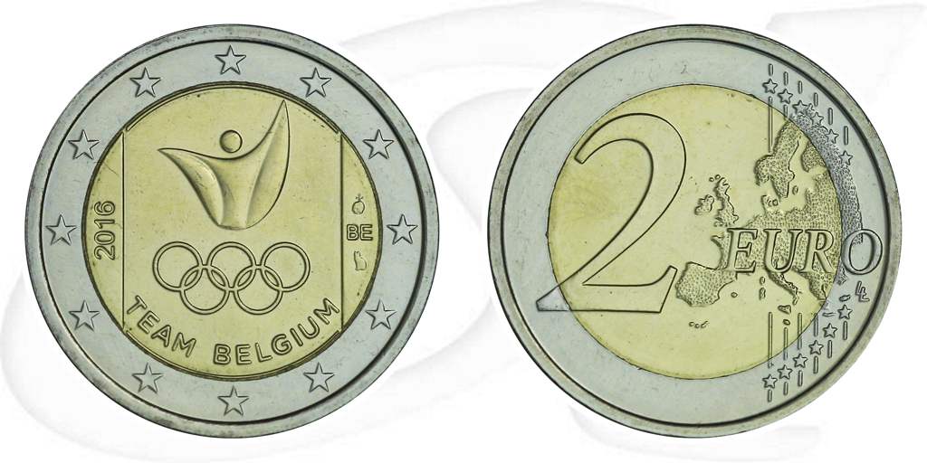 2 Euro Belgien 2016 Olympia Münze Vorderseite und Rückseite zusammen