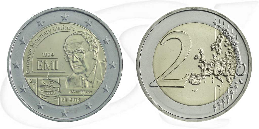 2 Euro Belgien 2019 Währungsinstitut Münze Vorderseite und Rückseite zusammen