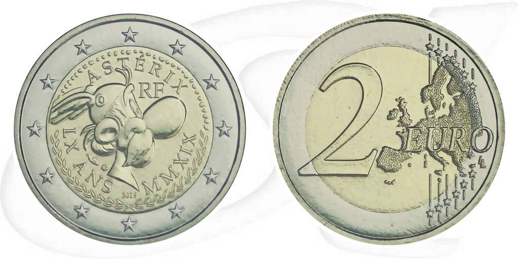 2 Euro Frankreich 2019 Münze Vorderseite und Rückseite zusammen